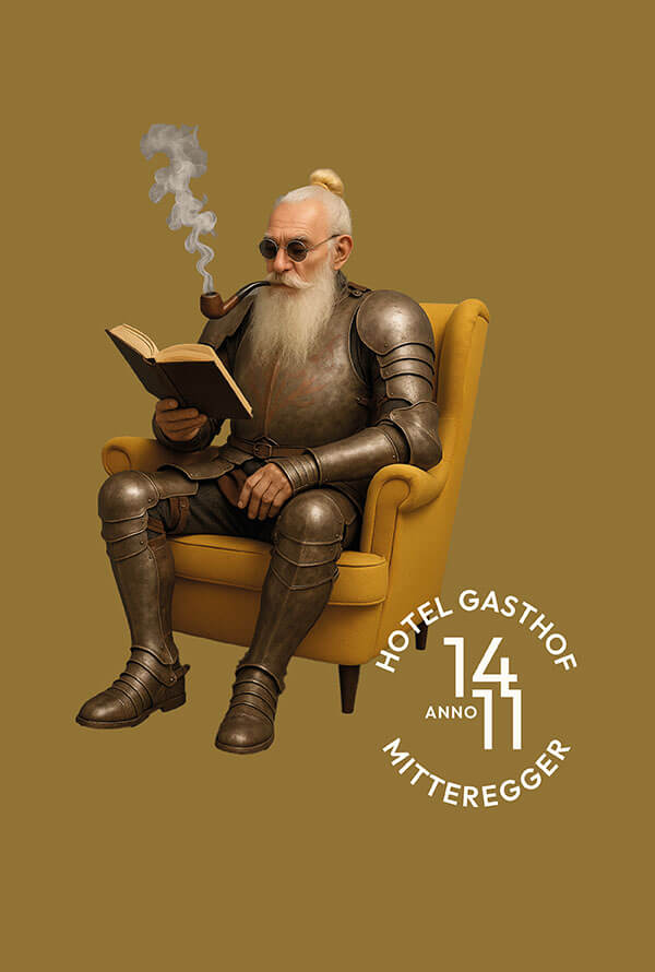 Alter Ritter mit Bart, Pfeife und Buch im Sessel.