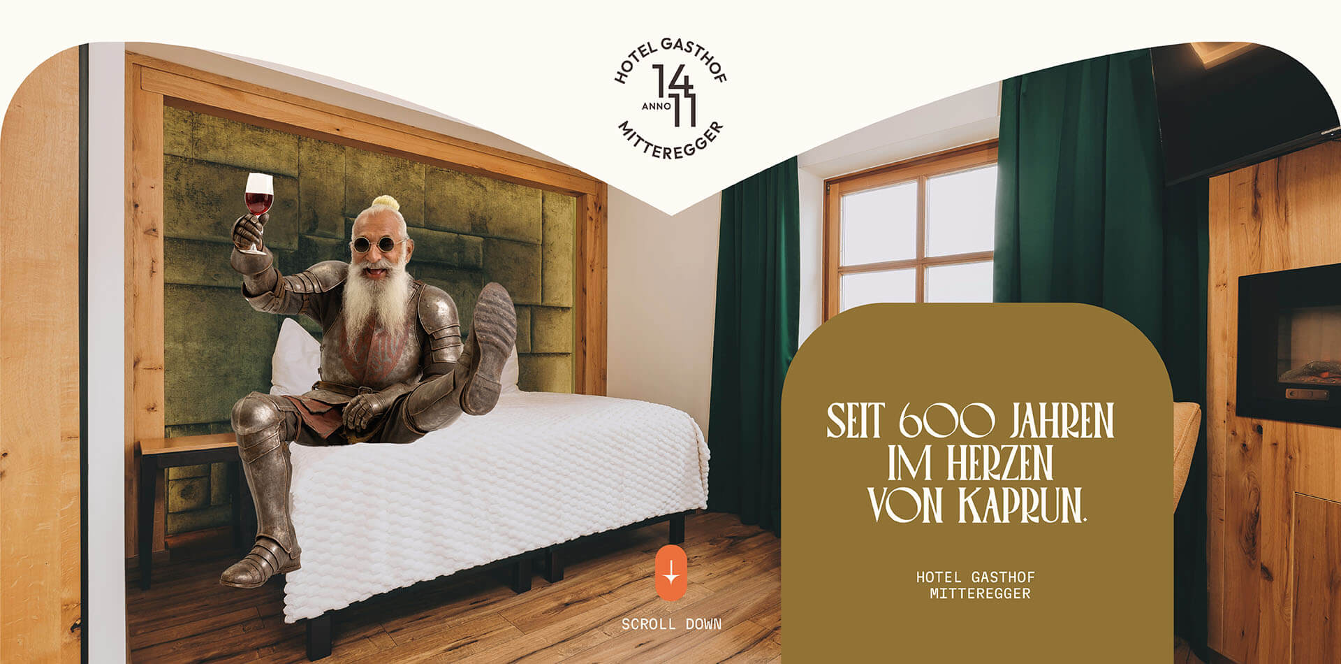 Ritter in Rüstung auf Bett mit Weinglas.