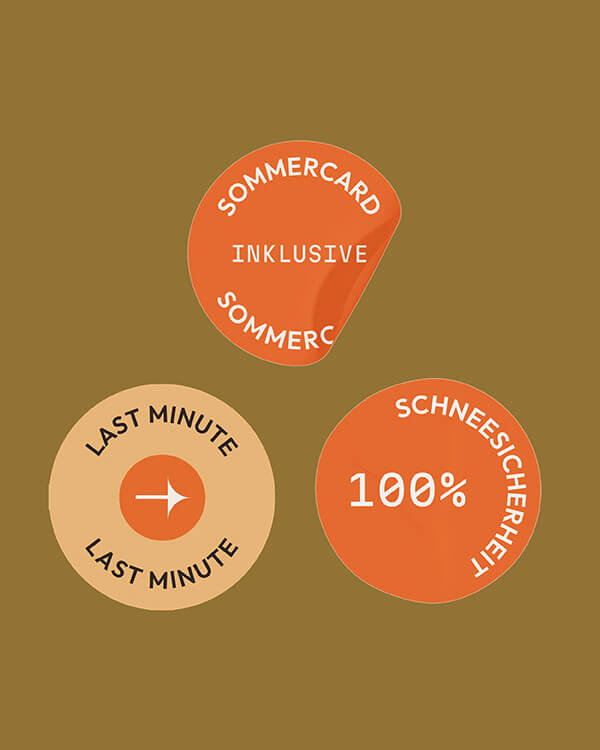 Drei Aufkleber: Sommercard, Last Minute, 100% Schneesicherheit.
