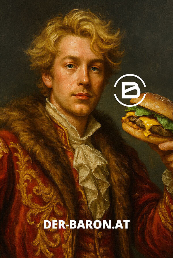 Gemälde: Blonder Mann in historischer Kleidung hält Burger.