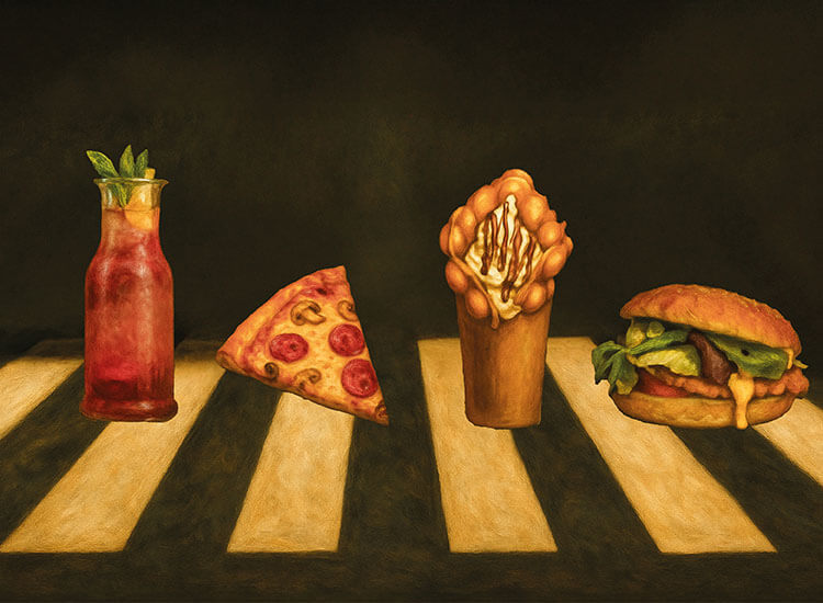 Getränk, Pizza, Waffel, Burger auf Zebrastreifen.