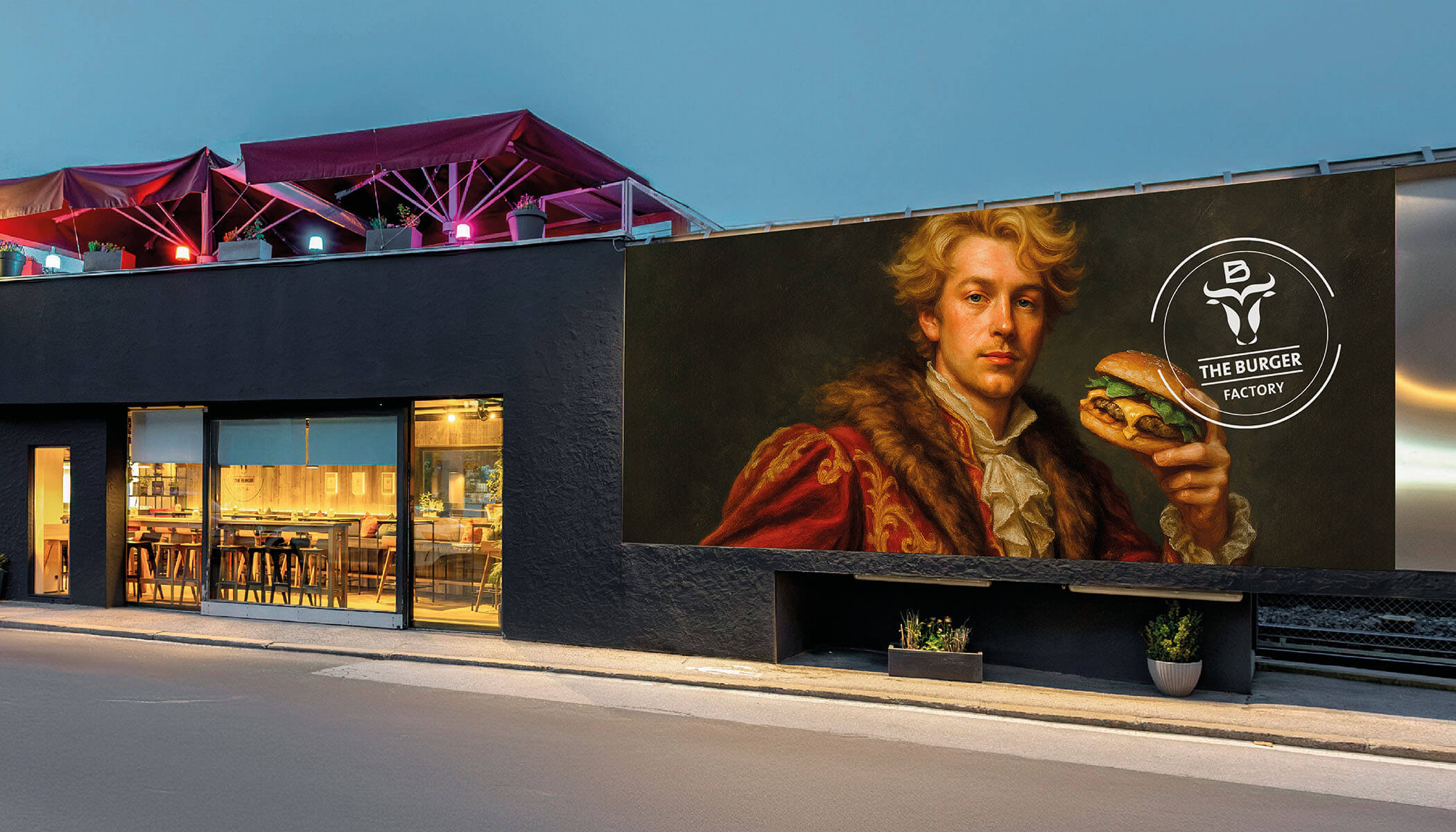 Fassadenplakat: Klassischer Mann hält Burger, 'Burger Factory'.